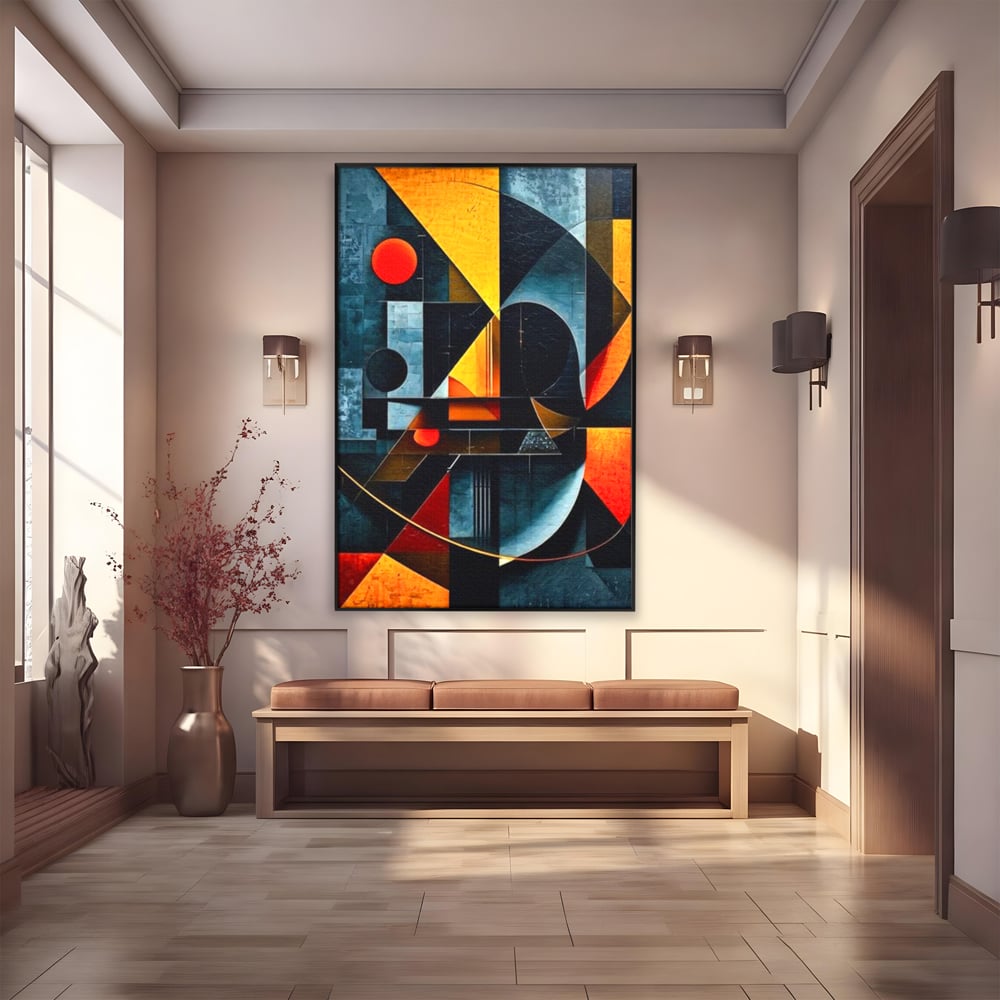Tablou canvas cu pictura abstracta cu forme geometrice, in rama de aluminiu negru